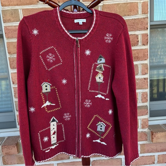 Cranberry red and white zip up cardigan sweater with birdhouses. Medium - Picture 10 of 10